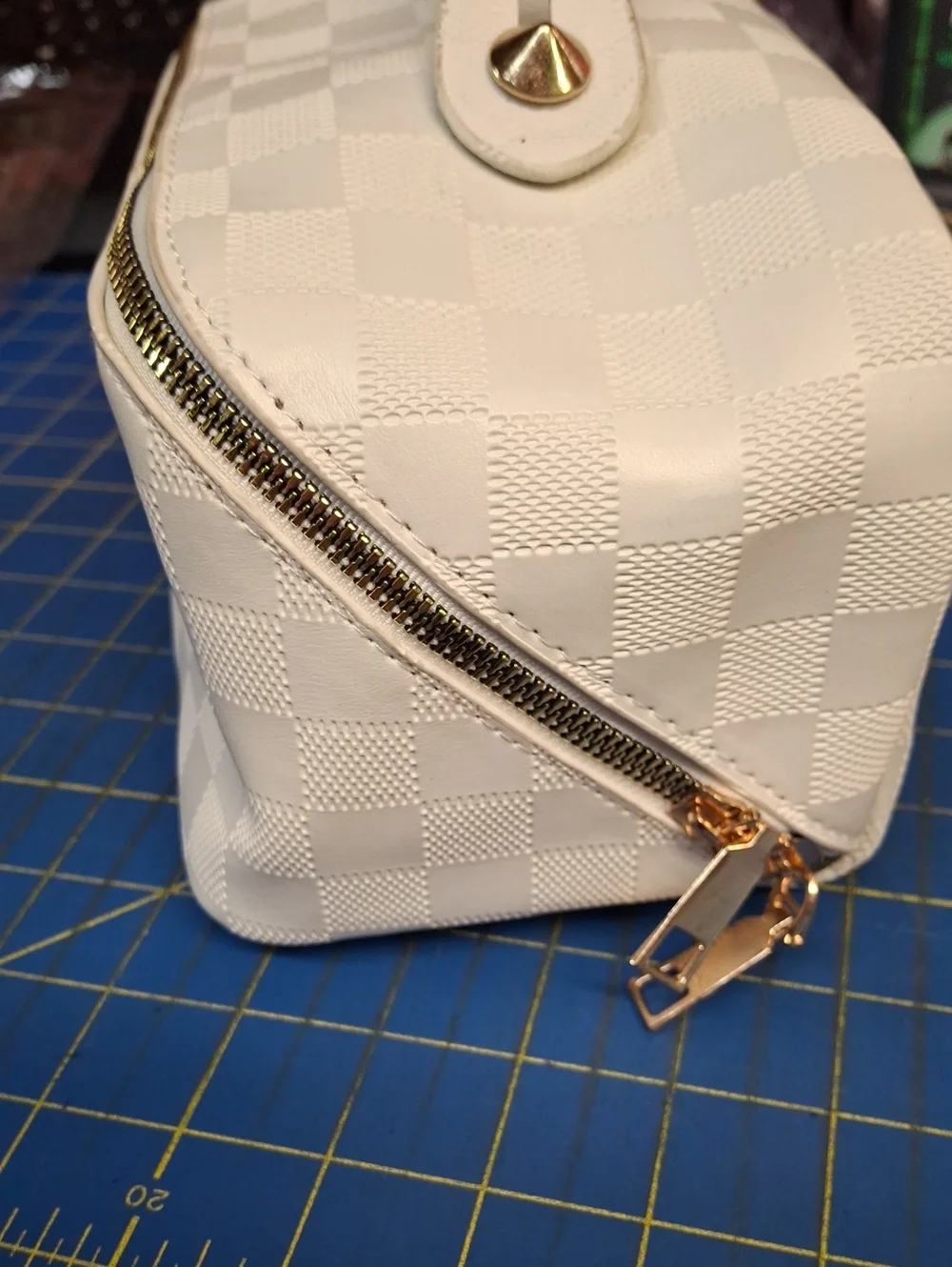 White Quilted Cosmetic Train Case Gold Hardware 9x5x5